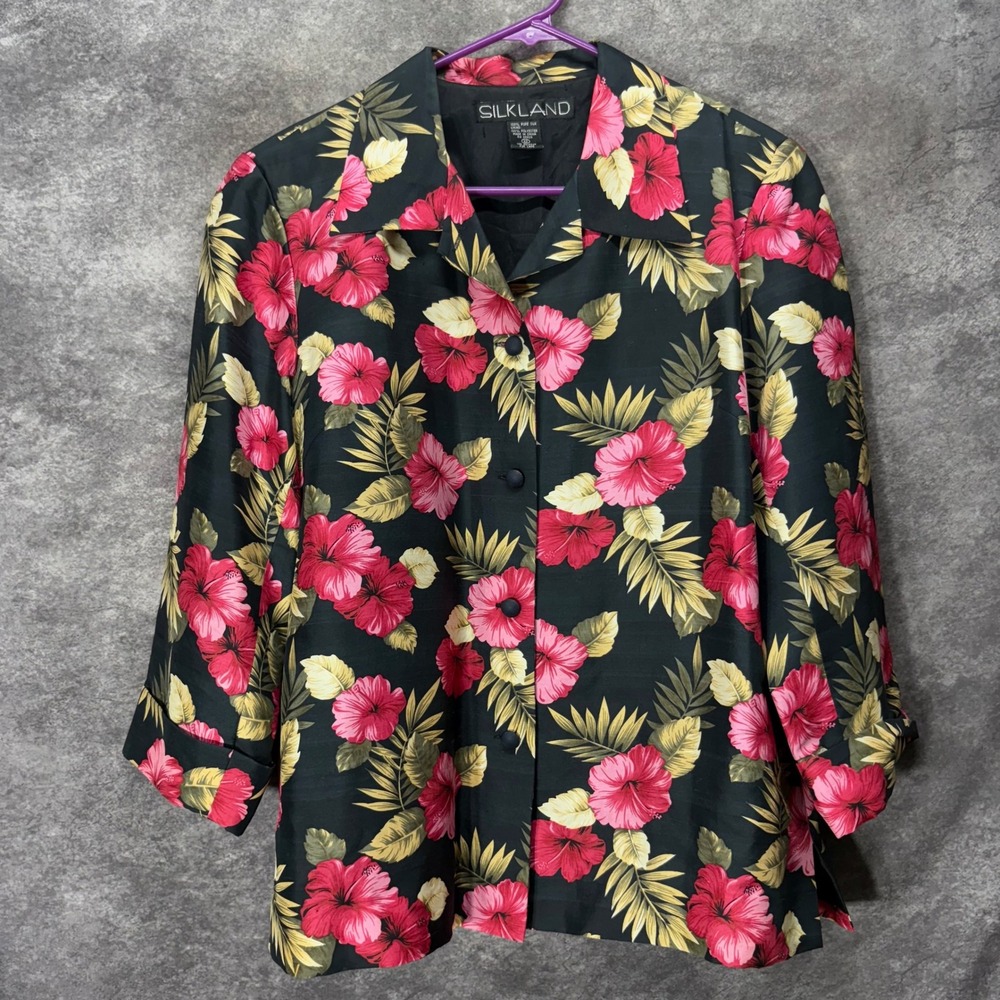 Silkland 100% Silk Tropical Hibiscus Floral Shirt Jacket Blazer Black Pink Sz 12
